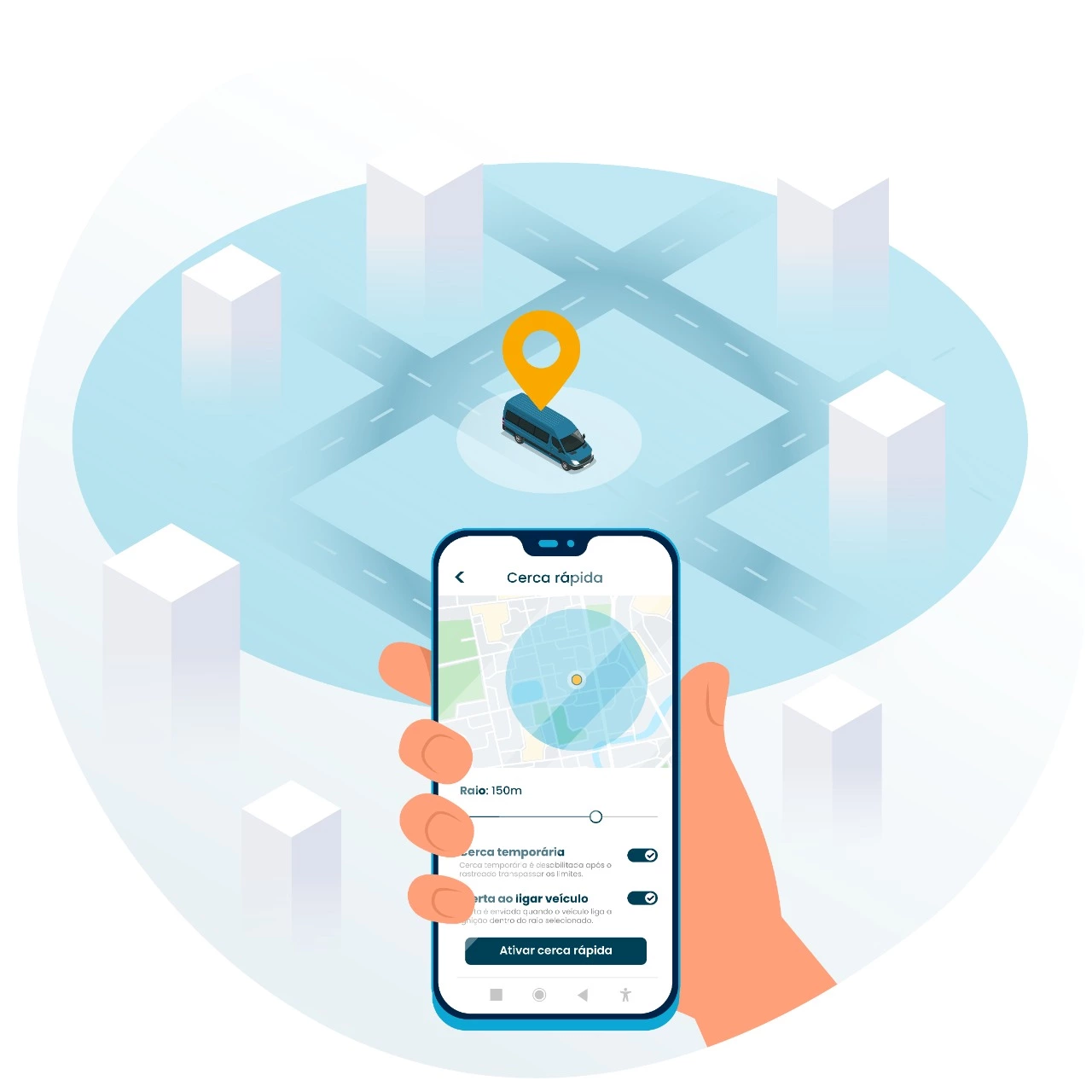 Mapa do aplicativo de rastreamento com função de Cerca Eletrônica ativa